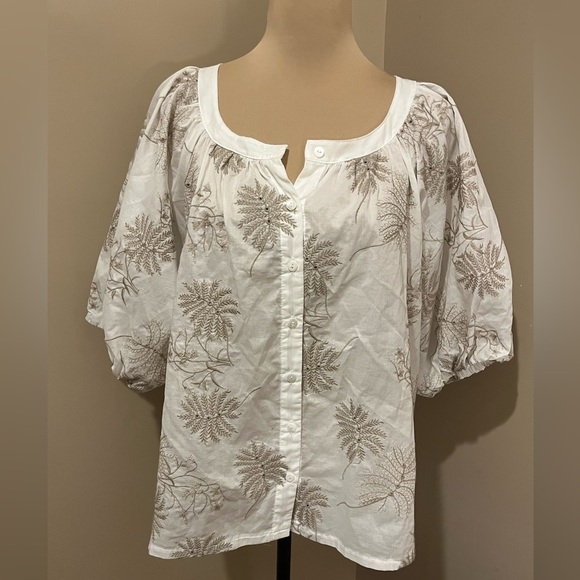 Karen Kane Embroidered Top - Sheer White With Taupe Embroidery, size XL - Picture 2 of 9